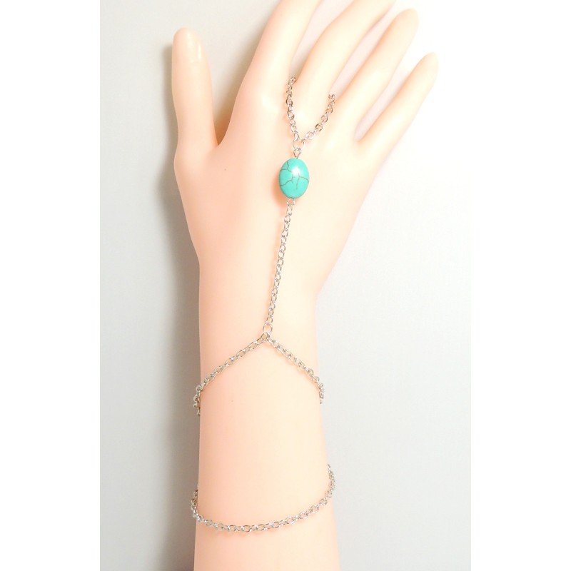 Bijou de main, pierre turquoise, bracelet 2 tours en métal argenté