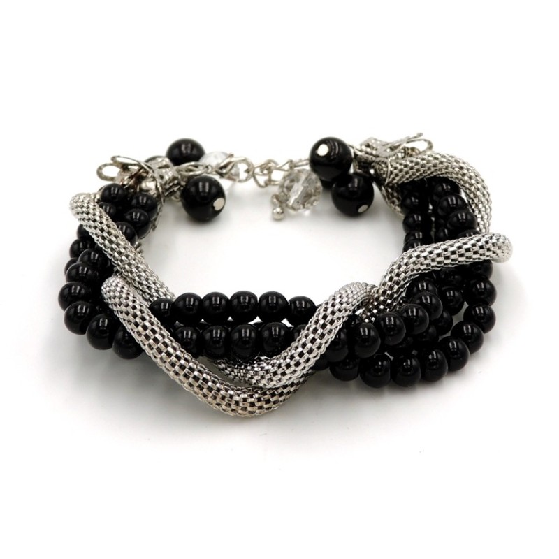 Bracelet  avec des perles noires et chaîne tube en métal argenté