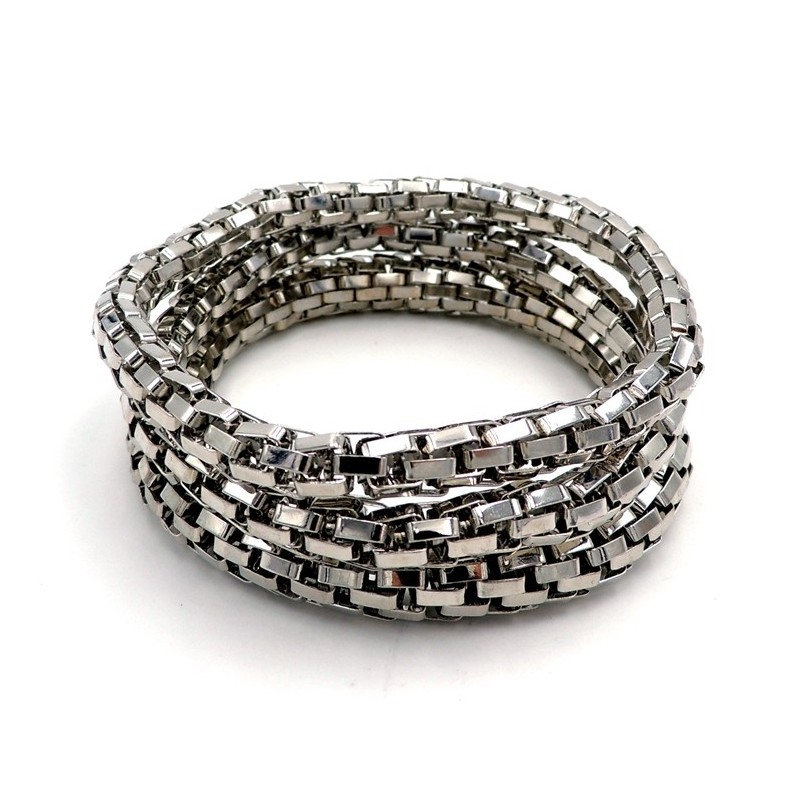 Bracelets trio en métal argenté, maillons en tube montés sur élastique